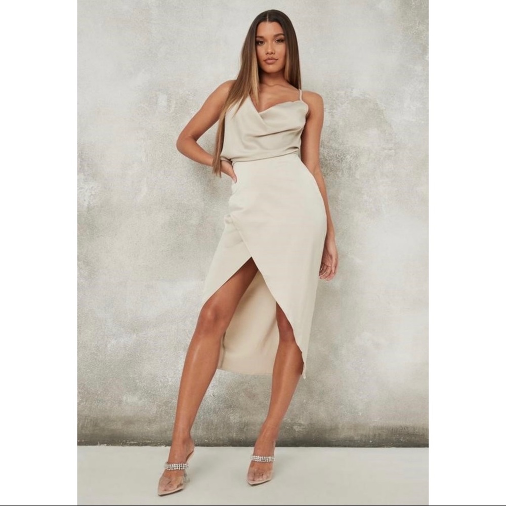 Satin Drape Asymmetric Midi Dress